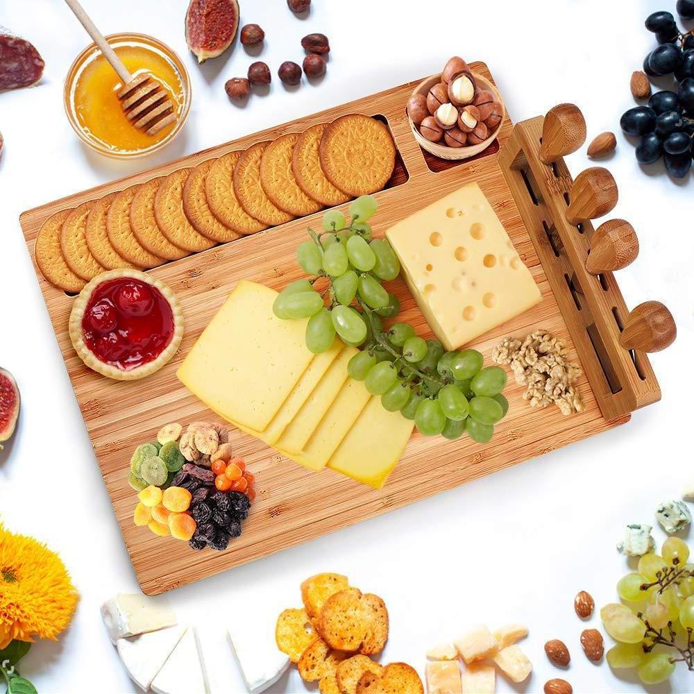 Bamboo Cheese Board Set, Cheese Tray, Charcuterie Board and Serving Meat Platter with 4 Stainless Steel Cheese Knives,