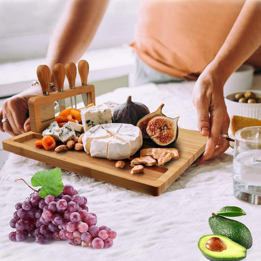 Bamboo Cheese Board Set, Cheese Tray, Charcuterie Board and Serving Meat Platter with 4 Stainless Steel Cheese Knives,