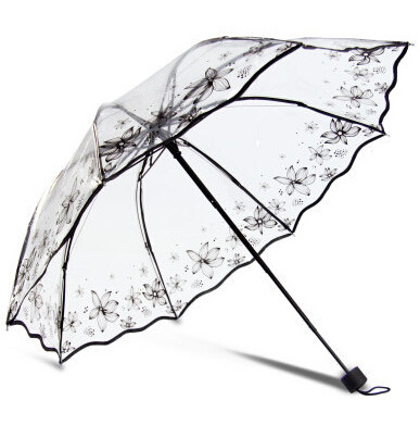 Fashion Transparent Retro Printing 3 Folding Advertising Rain Umbrella