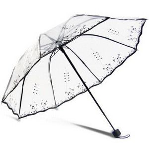 Fashion Transparent Retro Printing 3 Folding Advertising Rain Umbrella