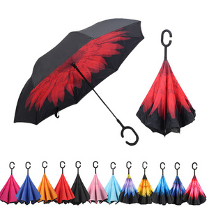 Wholesale Custom Red Black C-shaped Handle Windproof Auto Umbrella Reverse Full Logo Printing Promotional Gift Inverted Umbrella