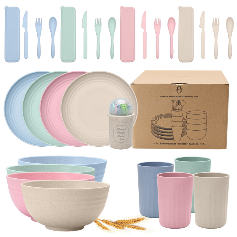 Microwave Safe Unbreakable Dinnerware for Parties Picnic Camping Wheat Straw Dinnerware Sets 29-Piece Plates and Bowls Sets