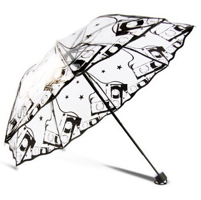 Fashion Transparent Retro Printing 3 Folding Advertising Rain Umbrella