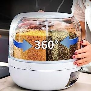 Round Dry Food Dispenser 360 6-in-1 Rotating Plastic Grain Storage Container Cereal Dispenser for Home Kitchen