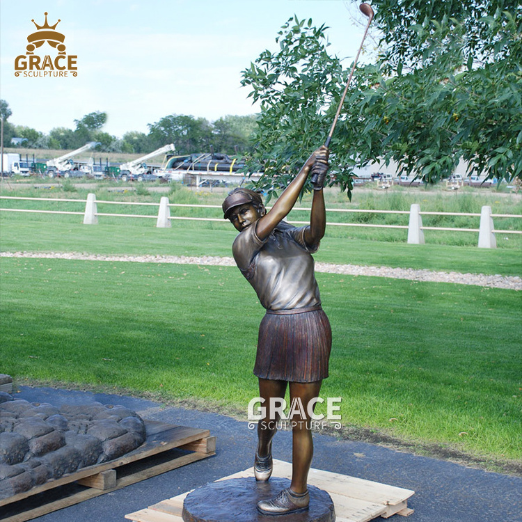 Outdoor Life Size Bronze Kid Sculpture Large Girl Play Golf Statue