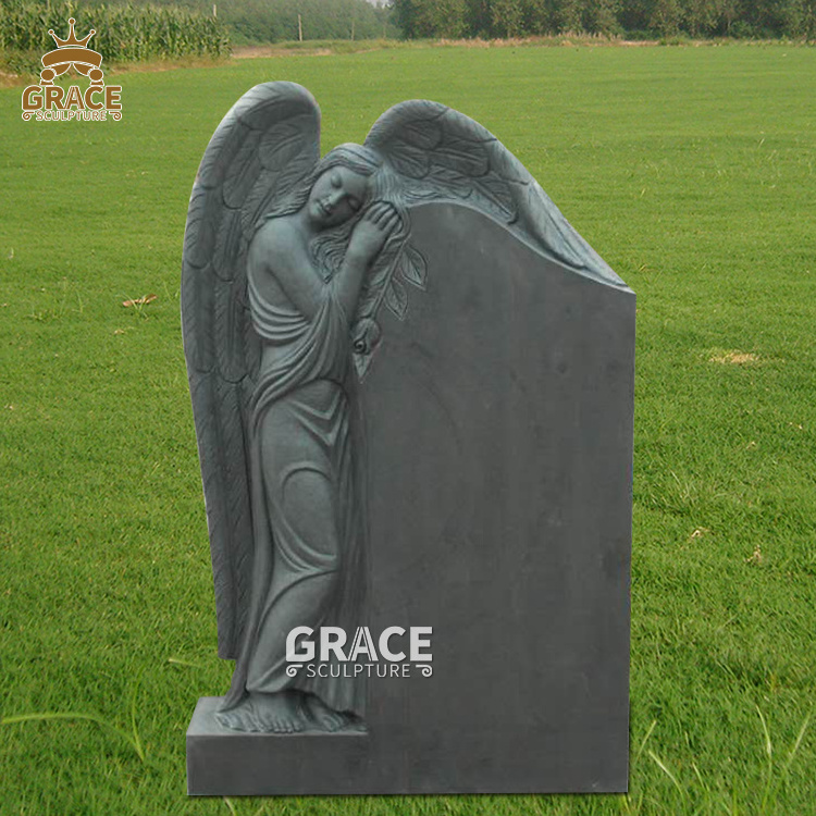 Natural Grey Granite Tombstone Life Size Hand Made Marble Angel Headstone