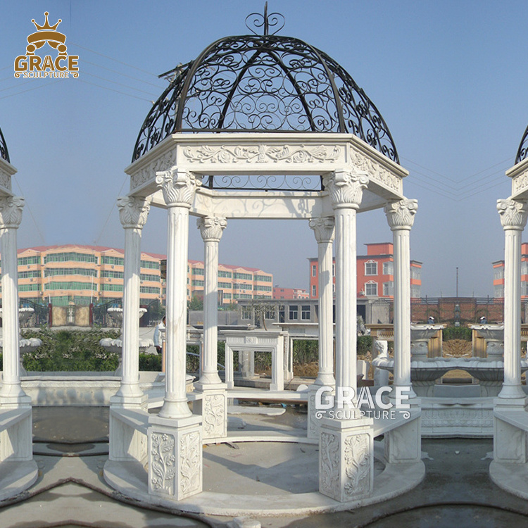 Outdoor White Marble Gazebo Hand Carved Natural Stone Gazebo With Ladies