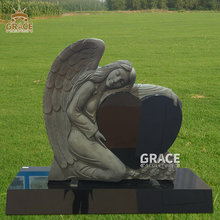 Natural Grey Granite Tombstone Life Size Hand Made Marble Angel Headstone