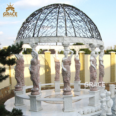 Outdoor White Marble Gazebo Hand Carved Natural Stone Gazebo With Ladies