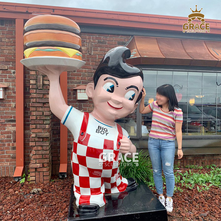 Outdoor Large Size Fiberglass Big Boy With Holding Hamburger Sculpture Resin Statue