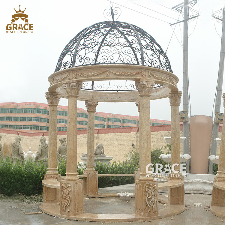 Outdoor White Marble Gazebo Hand Carved Natural Stone Gazebo With Ladies