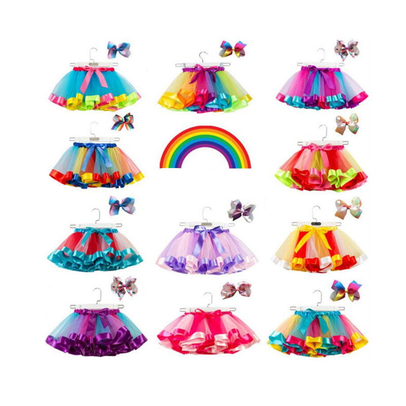 Little Girls Rainbow Tutu Skirt with Butterfly knot tire kids tutu dance dress