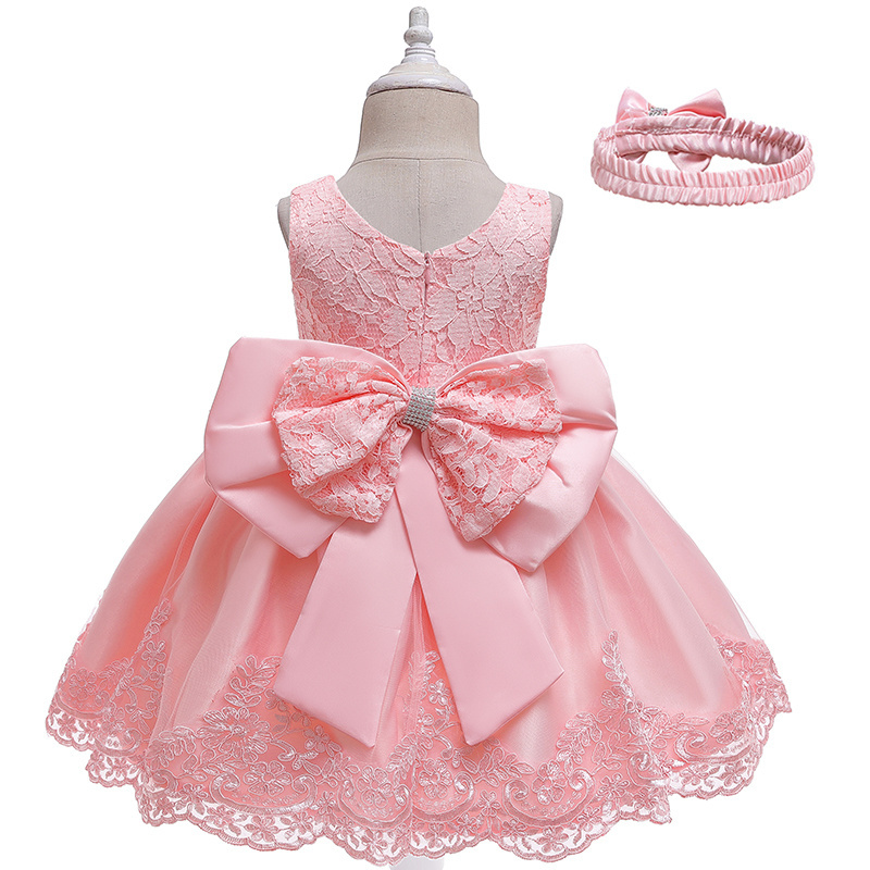 Wholesale sleeveless princess dresses Bow lace princess cake clothes for kids children flower girl dresses with big waistband