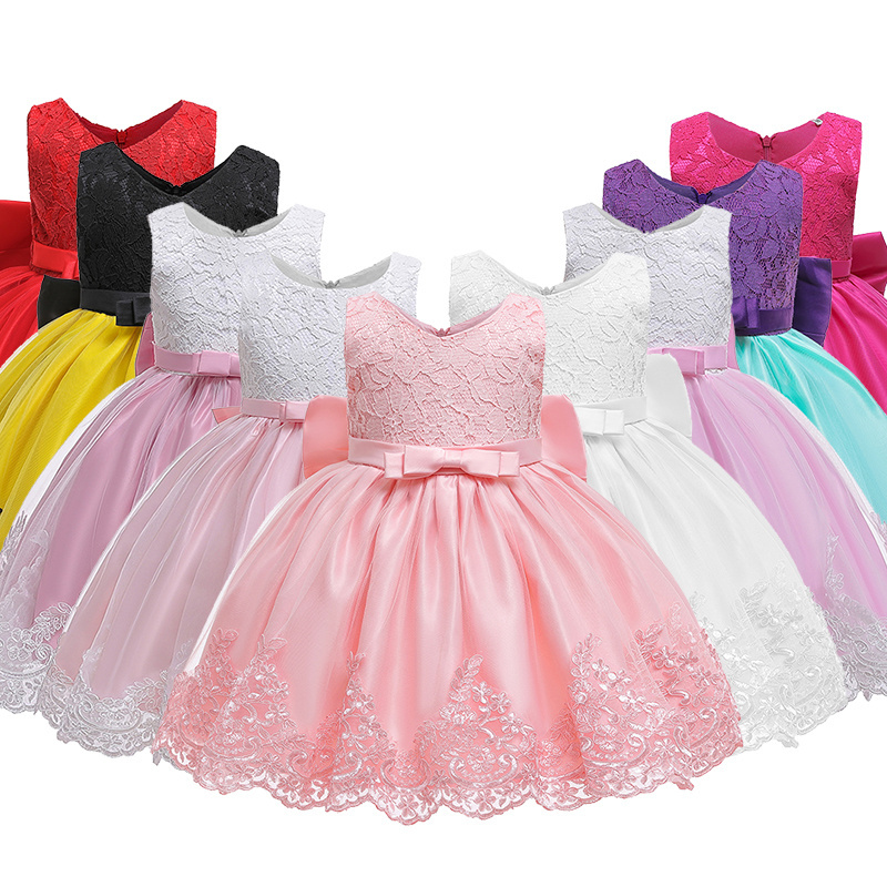 Wholesale sleeveless princess dresses Bow lace princess cake clothes for kids children flower girl dresses with big waistband