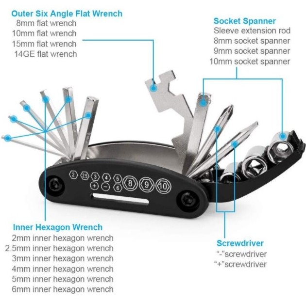 Muti-Function 16 in 1 Tire Fix Kit Portable Bicycle Repair Bike Tools