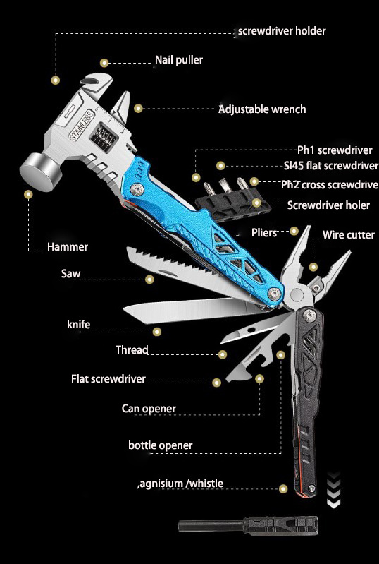 Outdoor Survival Folding Multitool Multi Function Screwdriver Set 19 in 1 Multifunction Hammer