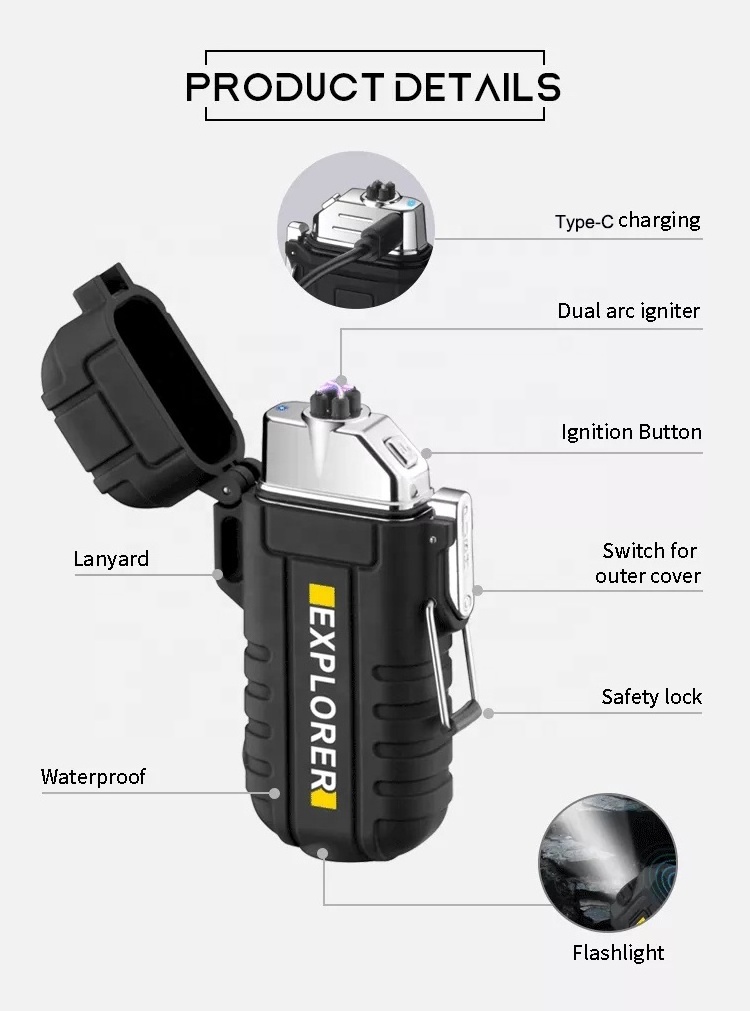 Survival Waterproof Plasma Lighter with Flashlight Custom Outdoor Windproof Arc USB-C Recharging Lighter