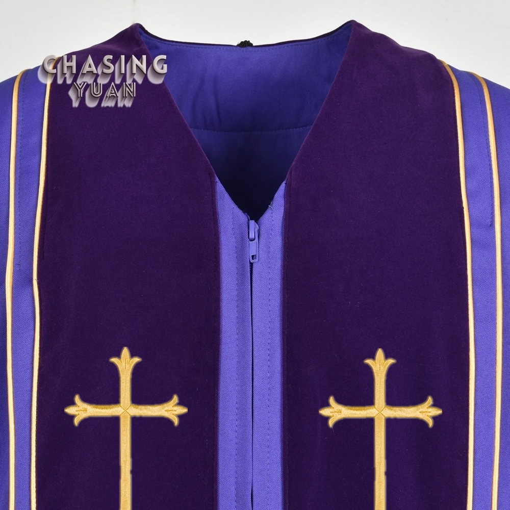 Unisex Clergy Robe Bishop Purple Pulpit Robe with Gold Trim Latin crosses