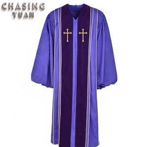 Unisex Clergy Robe Bishop Purple Pulpit Robe with Gold Trim Latin crosses