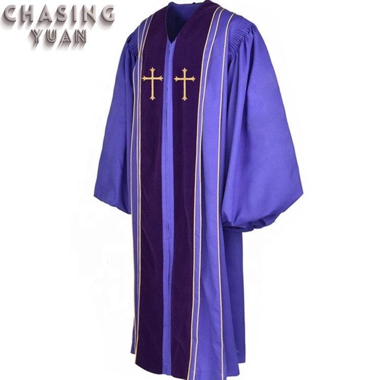 Unisex Clergy Robe Bishop Purple Pulpit Robe with Gold Trim Latin crosses