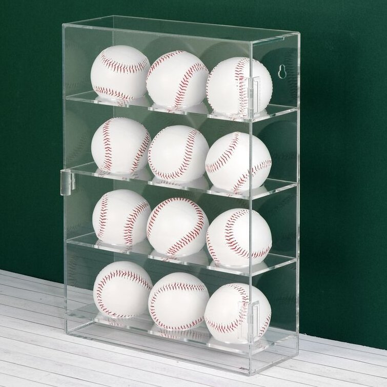 Mountable Acrylic Baseball Show Case 4-Tiers Tennis Ball Wall Rack Dustproof Lucite Memorabilia 12 Baseball Display Cabinet