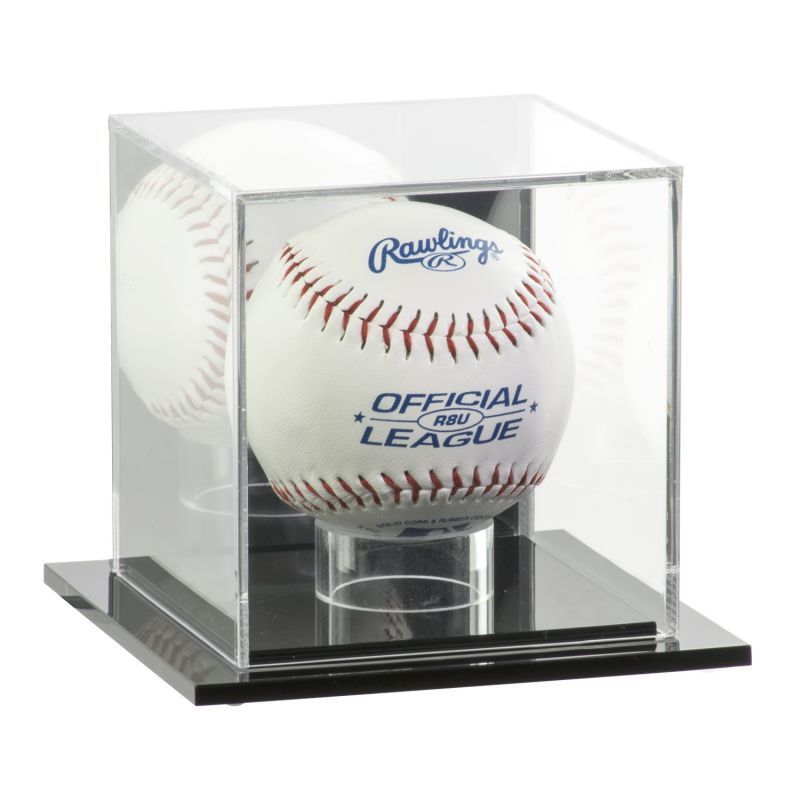 Mirrored Back Acrylic Baseball Display Case Black Base Plexiglass Baseball Holder Cube With Ring