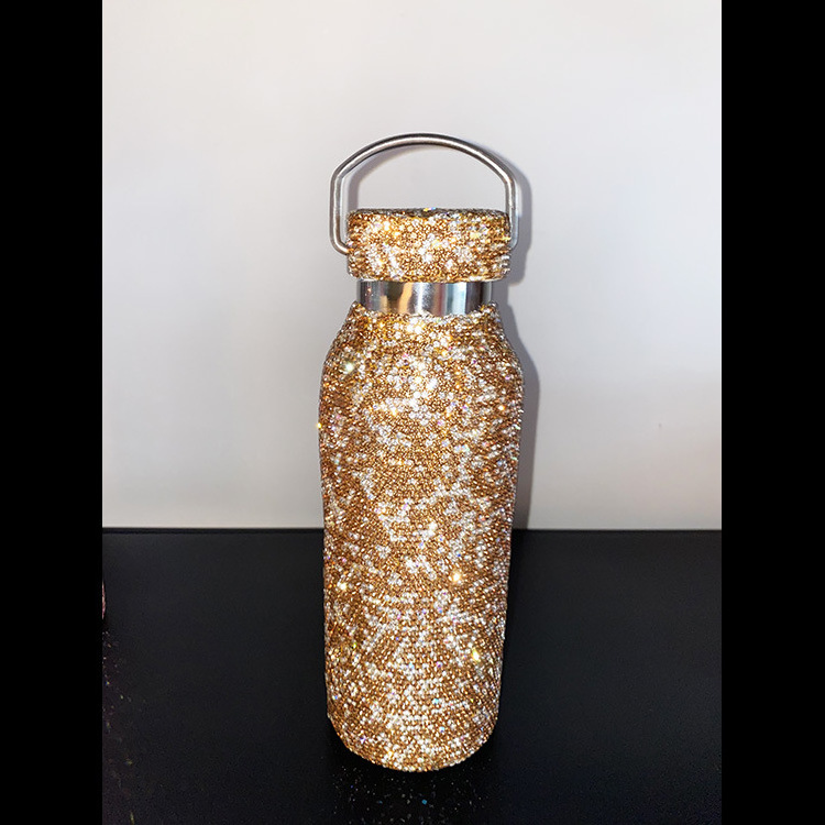 350ml/500ml/750ml Fashion Bling Diamond Thermos Portable Crossbody Stainless Steel Thermal Glitter Rhinestone Water Bottle