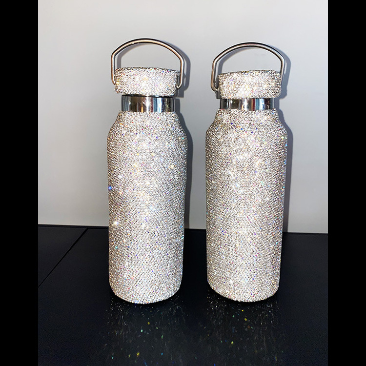 350ml/500ml/750ml Fashion Bling Diamond Thermos Portable Crossbody Stainless Steel Thermal Glitter Rhinestone Water Bottle