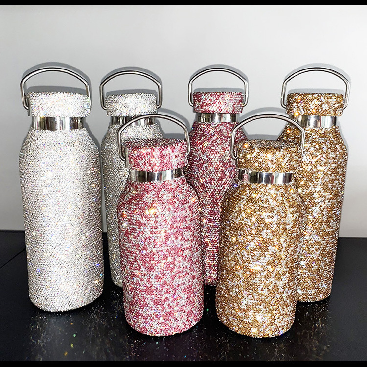 350ml/500ml/750ml Fashion Bling Diamond Thermos Portable Crossbody Stainless Steel Thermal Glitter Rhinestone Water Bottle