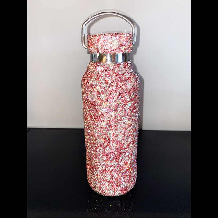 350ml/500ml/750ml Fashion Bling Diamond Thermos Portable Crossbody Stainless Steel Thermal Glitter Rhinestone Water Bottle