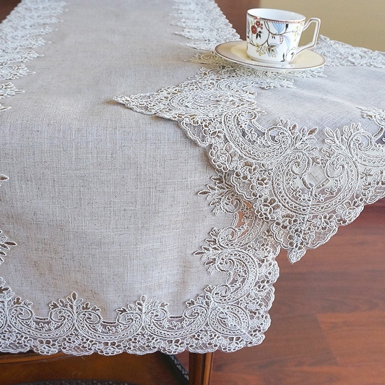 Wholesale handmade linen dining lace border tablecloth