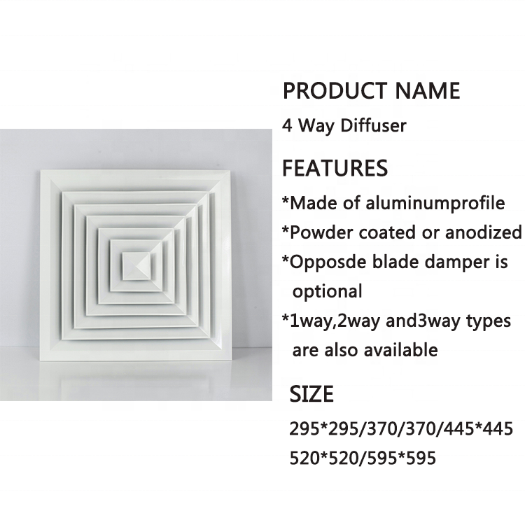 Ventilation aluminum removable core square louvre faced 4-way supply ceiling air diffusers with damper for Hvac