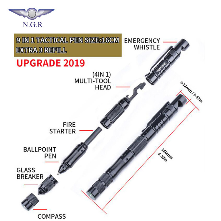 New multifunction 9 in 1 tactical pen with whistle fire starter mulit tool compass and tungsten steel tip for outdoor survival