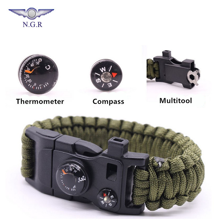 wholesale Multi function Survival paracord bracelet with Thermometer Compass Whistle fire starter multi tool and tactical gear