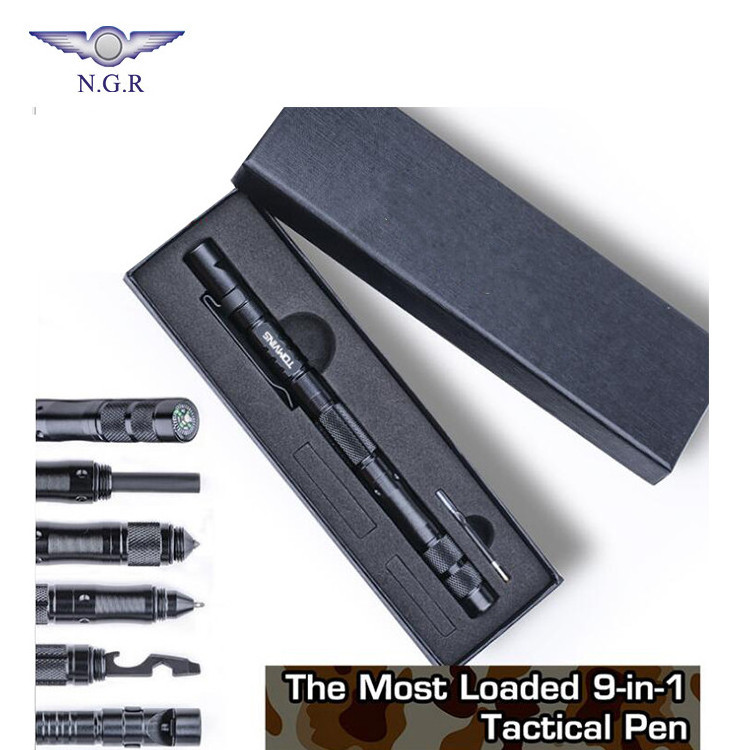 New multifunction 9 in 1 tactical pen with whistle fire starter mulit tool compass and tungsten steel tip for outdoor survival