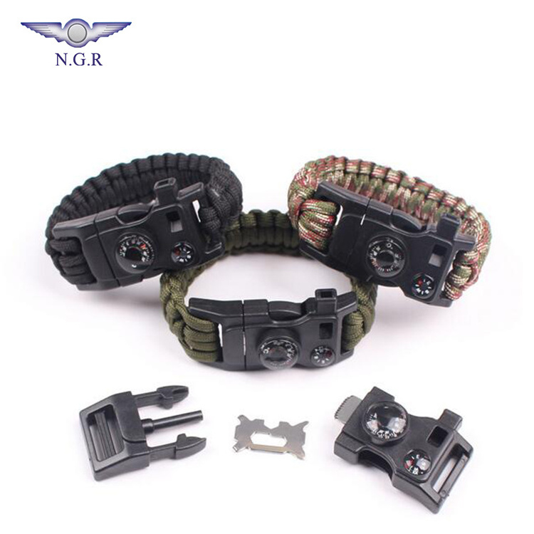 wholesale Multi function Survival paracord bracelet with Thermometer Compass Whistle fire starter multi tool and tactical gear