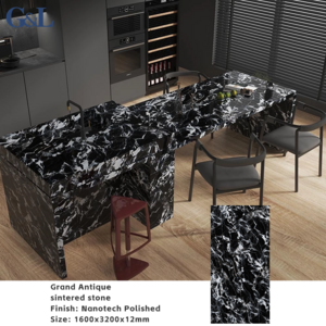 1600x3200x12mm Quartz Quartzite Stone Slabs Grand Antique Black Kitchen Countertop Sintered Stone