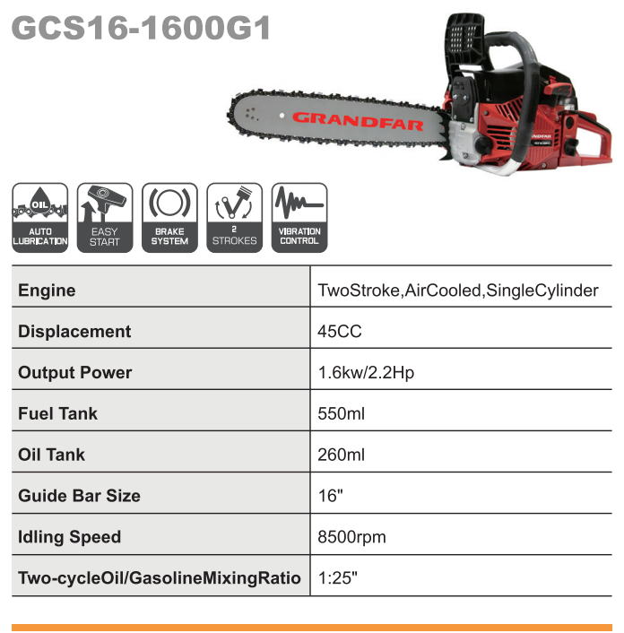 Grandfar pole 1600w 45cc 16'' inch gasolina mini portable chain saw power saws 2 stroke petrol chain saw wood chainsaw