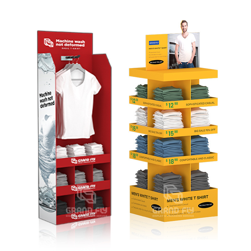 Custom Stores Merchandising Cardboard Tshirt Hooks Clothing Display Stand Corrugated Shelves Display For Clothing