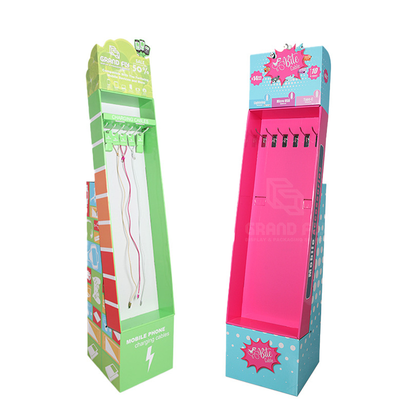 Custom Corrugated Cardboard Cell Phone Case Data Line Cable Display Floor Stand Rack With Hooks