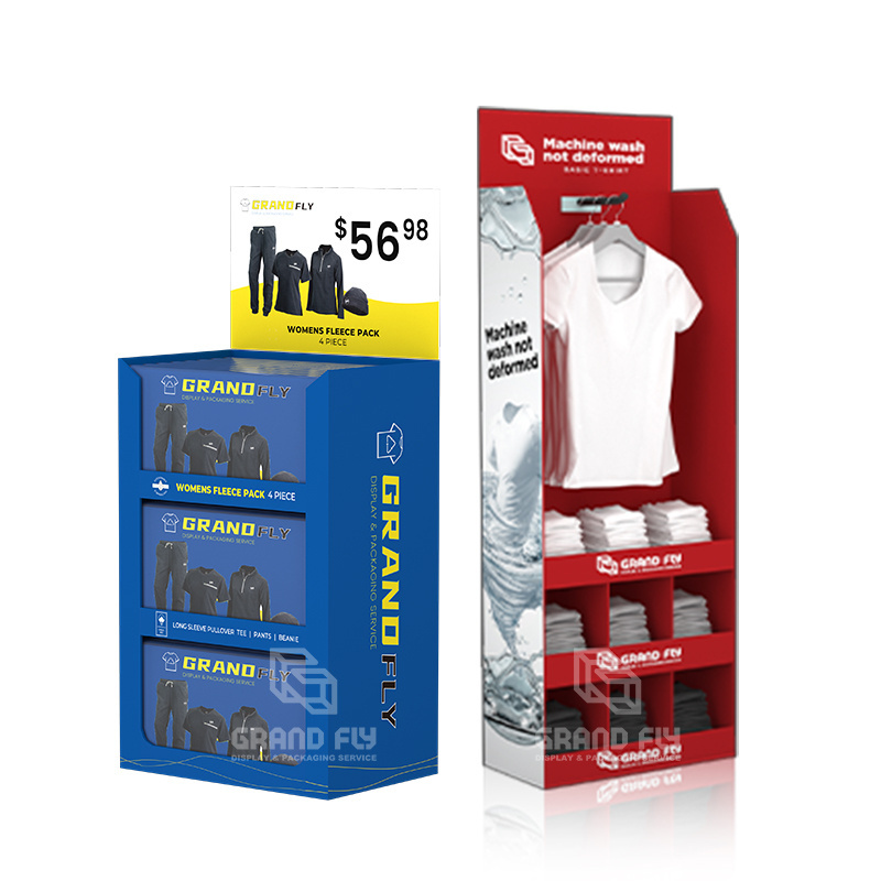 Custom Stores Merchandising Cardboard Tshirt Hooks Clothing Display Stand Corrugated Shelves Display For Clothing