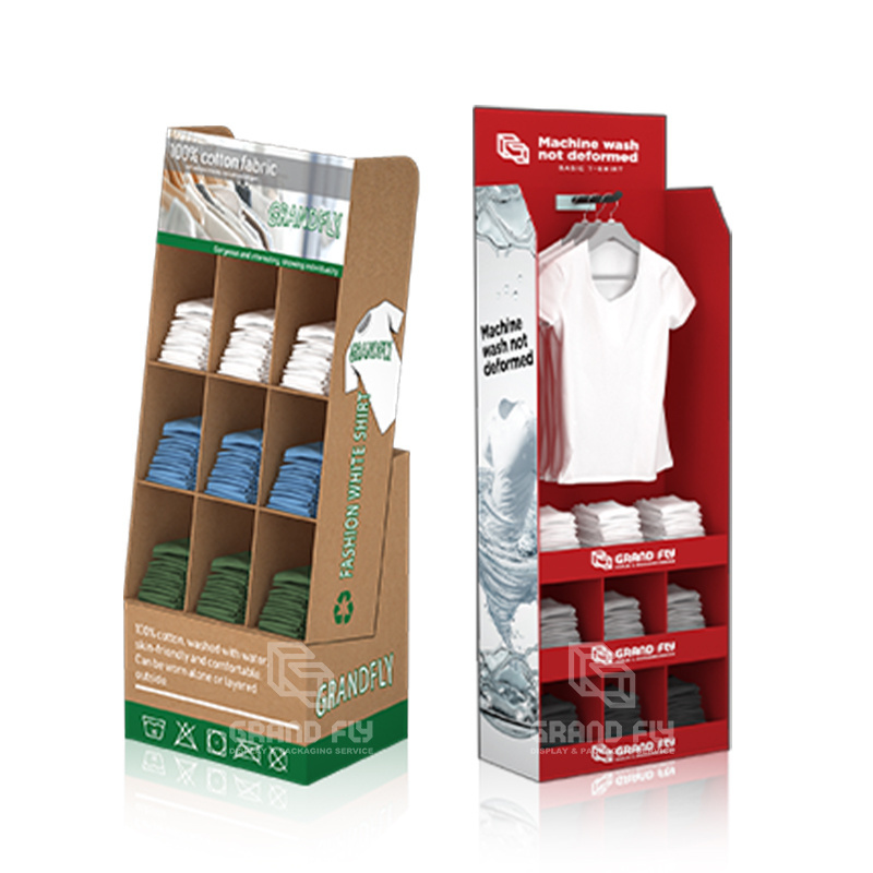 Custom Stores Merchandising Cardboard Tshirt Hooks Clothing Display Stand Corrugated Shelves Display For Clothing