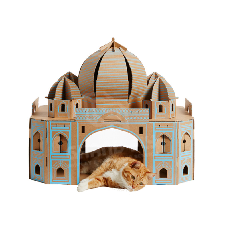 Wholesale Pet Toys Playhouse Corrugated Box Paper Cat Scratching Post Cat Toy Cardboard Cat House Castle Print Houses Button