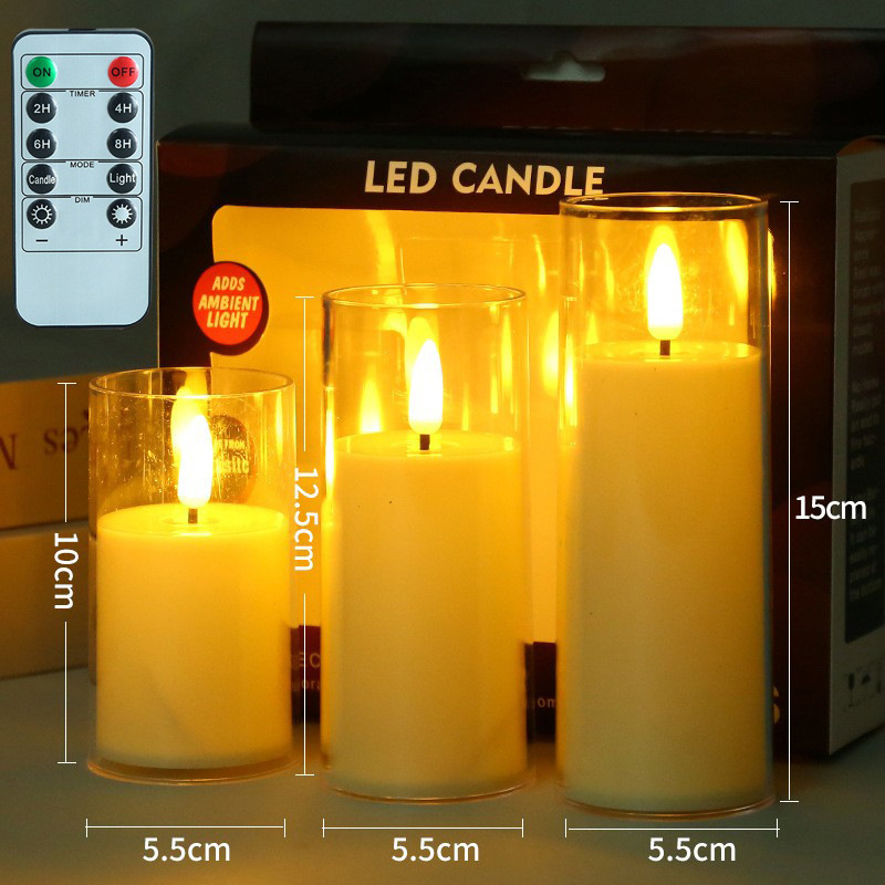 Lighting Flickering Pillar Battery Powered Flameless Electronic In Clear Tall Glass With Moving Flame