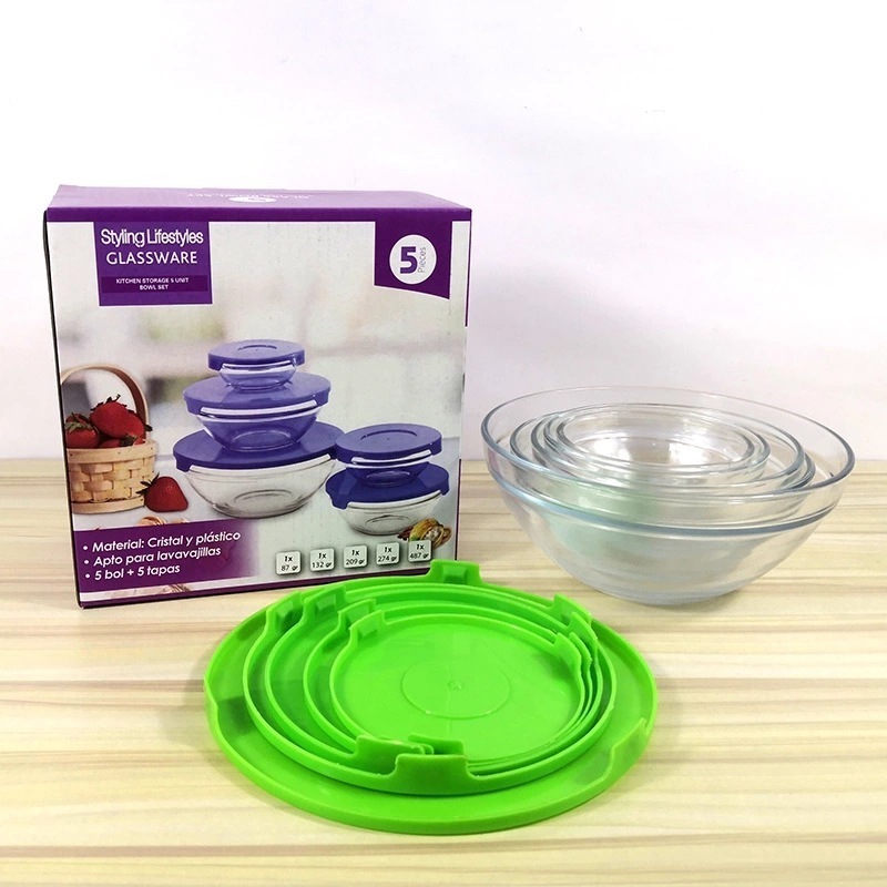 wholesale glass bowl set mixing glass serving bowl with lid 5pcs glass mixing bowl round