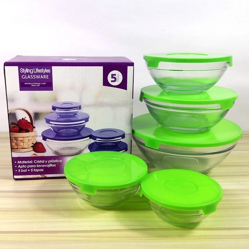 wholesale glass bowl set mixing glass serving bowl with lid 5pcs glass mixing bowl round