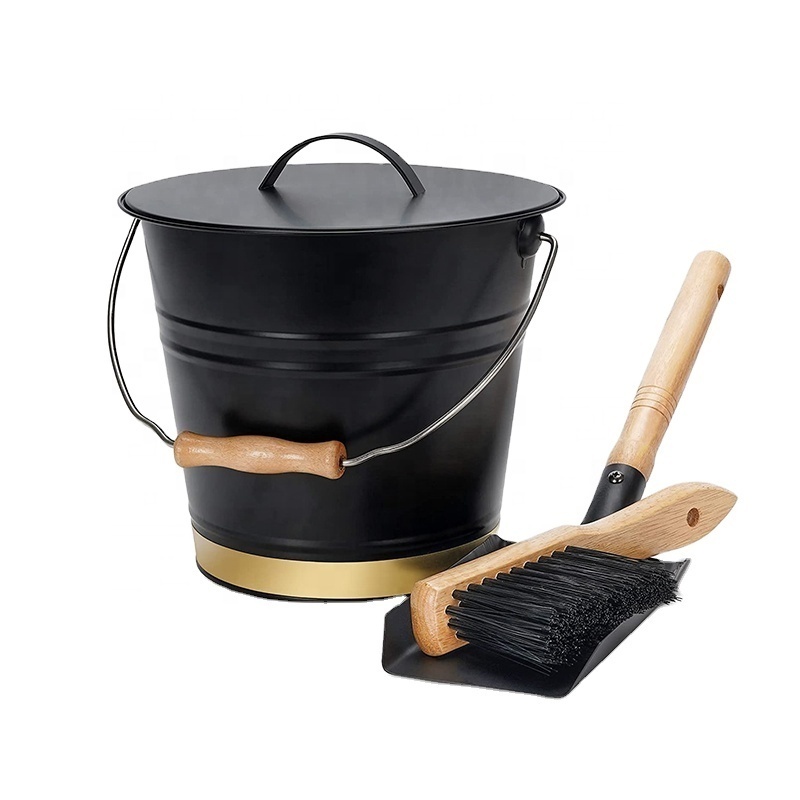 Ash Bucket with Lid Shovel Hand Broom Tool Set Accessories for Fireplace Indoor and Outdoor