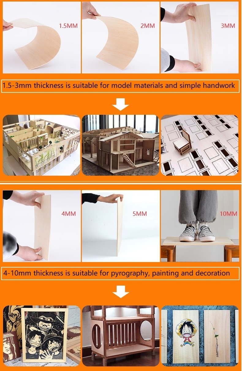 China Supplier  1/16  1mm 2mm 3mm 5mm 6mm basswood plywood Basswood  sheets For Laser Cutting crafts 3D Puzzle Toys