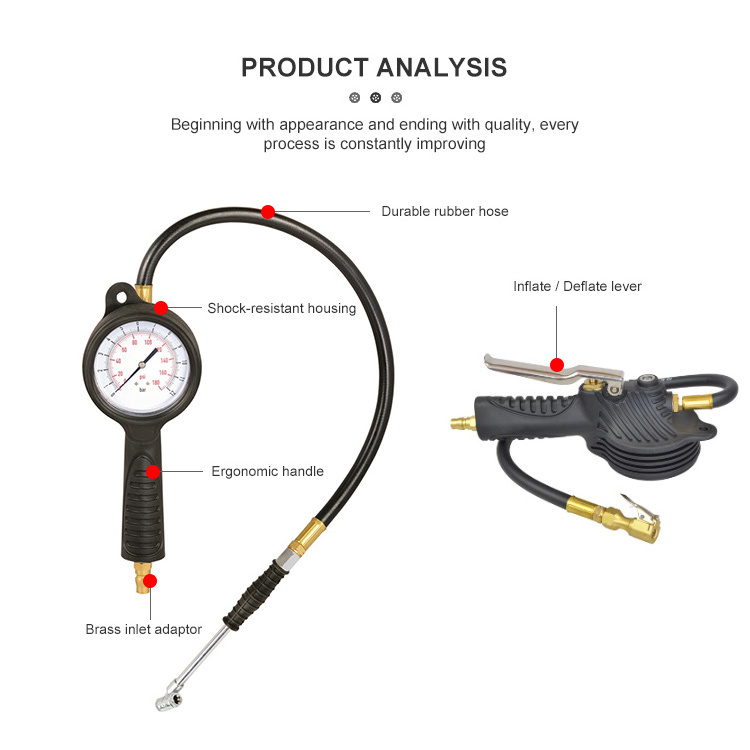 Corrosion Resistant Dial Display Tire Inflator Dual Head Hybrid Hose Analog Tire Pressure Gauge