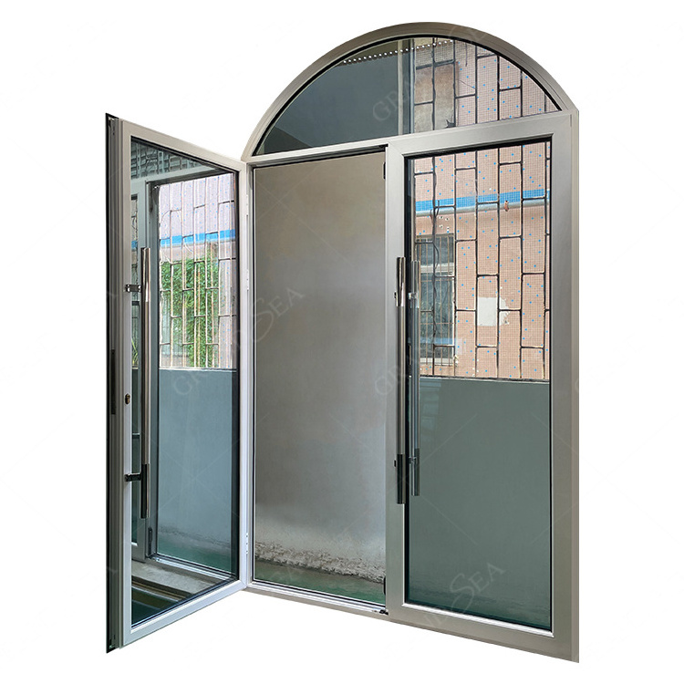 Balcony Entry Door Arches Shape Glass French Door Double White Framed Doors Glaze Tempered Glass